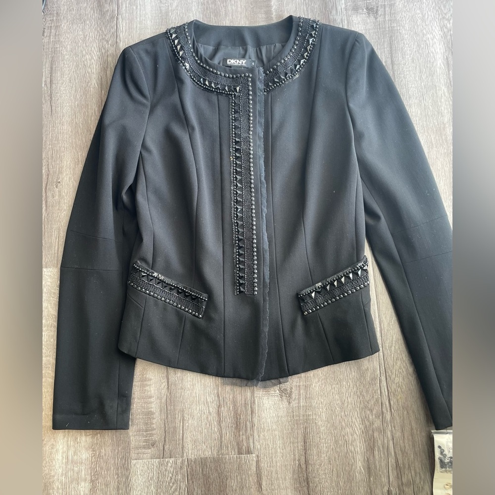 DKNY black wool blend embellished blazer jacket. NWT